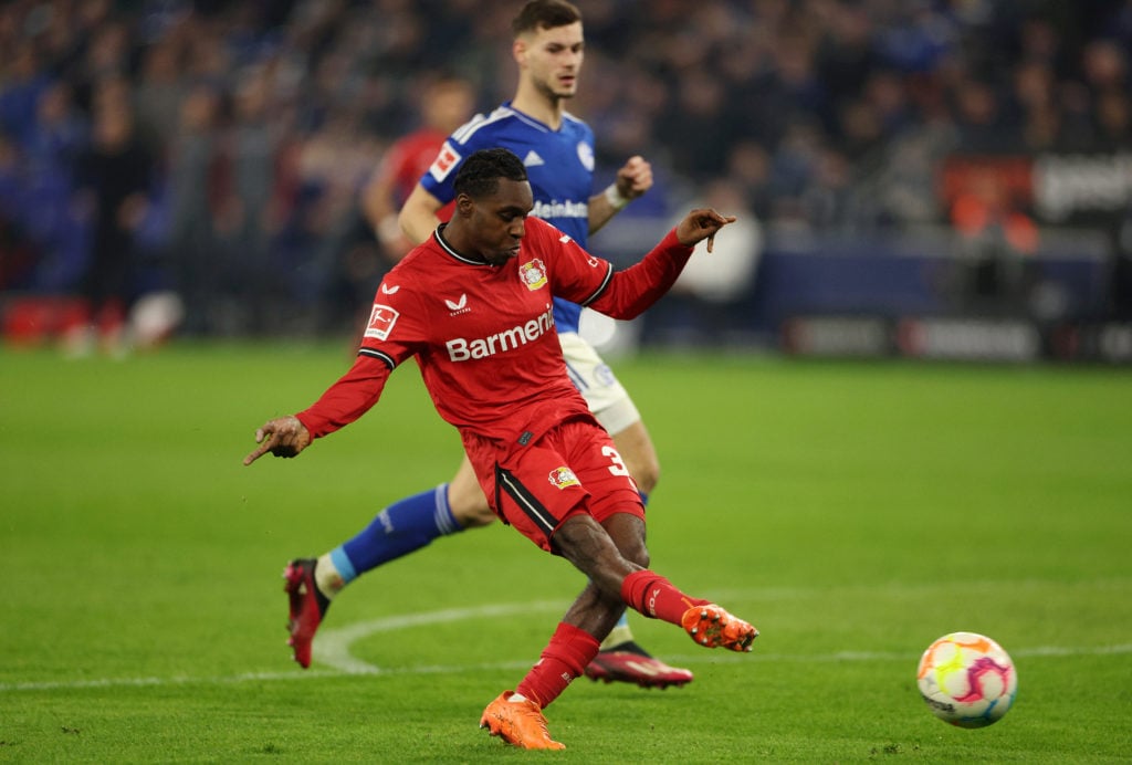 Jeremie Frimpong of Bayer 04 Leverkusen shoots during the Bundesliga match between FC Schalke 04 and Bayer 04 Leverkusen at Veltins-Arena on April ...