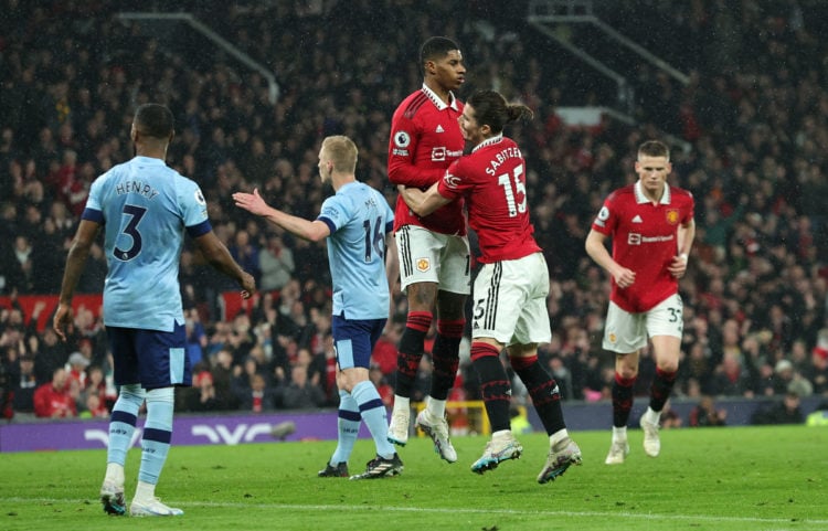 Marcus Rashford of Manchester United celebrates with teammate Marcel Sabitzer after scoring the team's first goal during the Premier League match b...