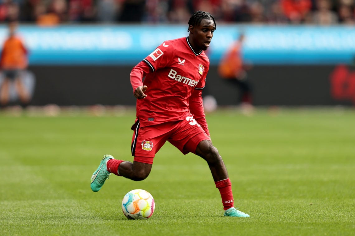 Jeremie Frimpong of Leverkusen runs with the ball during the Bundesliga match between Bayer 04 Leverkusen and Eintracht Frankfurt at BayArena on Ap...