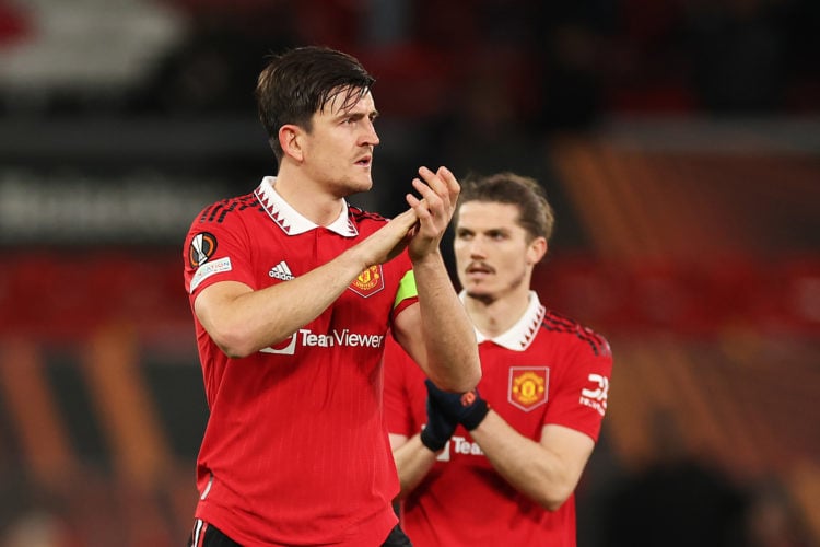 Harry Maguire of Manchester United applauds the fans after the draw in the UEFA Europa League quarterfinal first leg match between Manchester Unite...