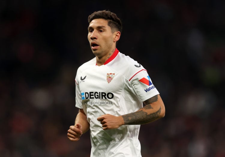 Gonzalo Montiel of Sevilla during the UEFA Europa League quarterfinal first leg match between Manchester United and Sevilla FC at Old Trafford on A...