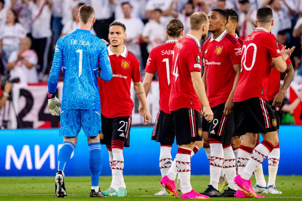 David De Gea and Antony of Manchester United interact prior to the UEFA Europa League quarterfinal second leg match between Sevilla FC and Manchest...