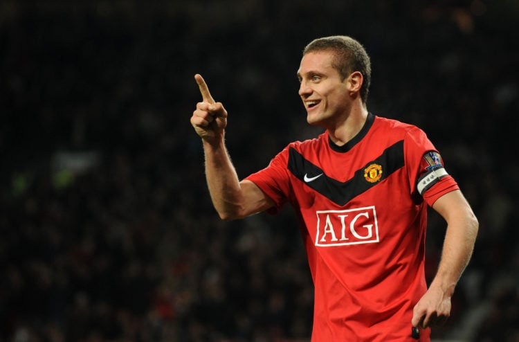 Nemanja Vidic of Manchester United celebrates after scoring a goal to make it 2-0