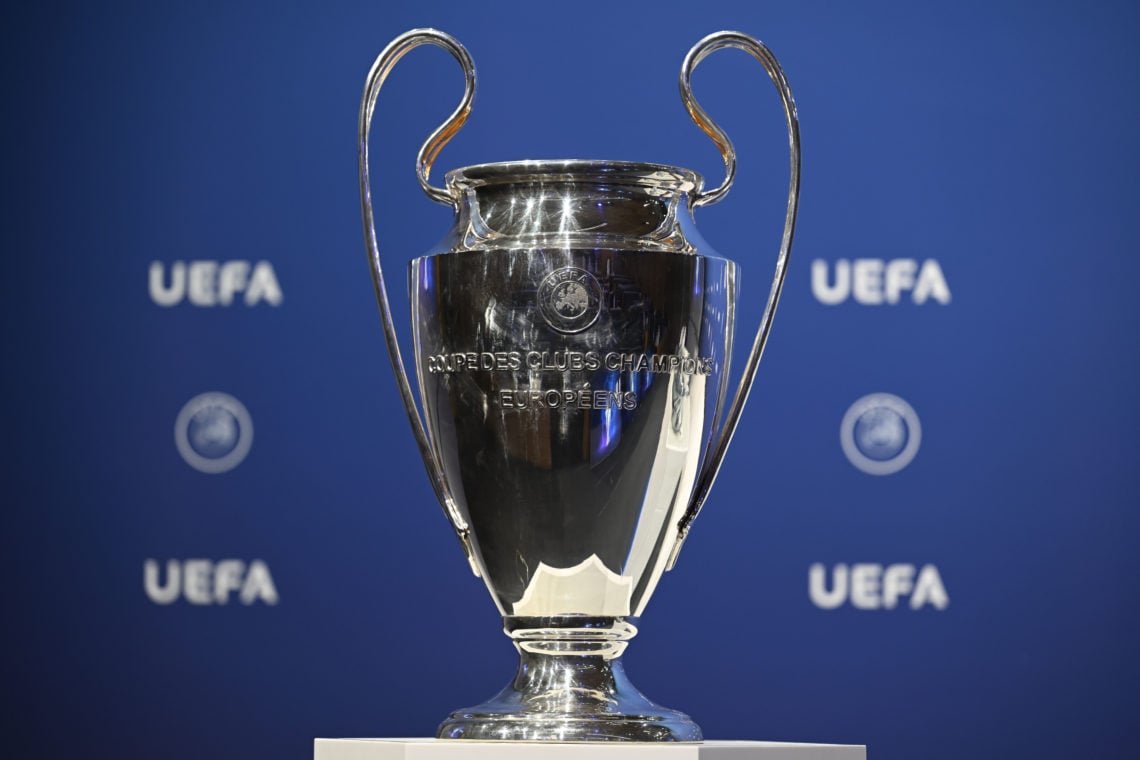 UEFA Champions League Trophy during the UEFA Champions League 2022/23 Play-offs Round Draw at the UEFA headquarters, The House of European Football...