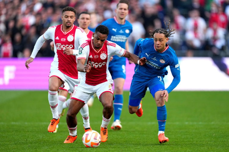 (L-R) Devyne Rensch of Ajax, Jurrien Timber of Ajax, Xavi Simons of PSV  during the Dutch KNVB Beker  match between Ajax v PSV at the Stadium Feije...