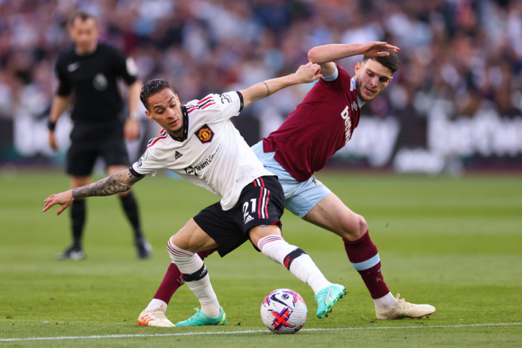 LONDON, ENGLAND - MAY 7: Antony of Manchester United in action with Declan Rice of West Ham during the Premier League match between West Ham United...