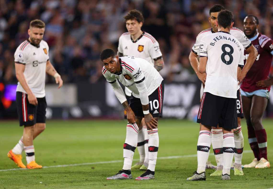 LONDON, ENGLAND - MAY 7: Marcus Rashford of Manchester United looks dejected during the Premier League match between West Ham United and Manchester...