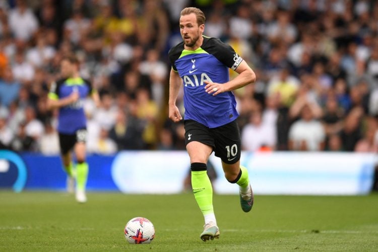 Tottenham Hotspur's English striker Harry Kane runs with the ball during the English Premier League football match between Leeds United and Tottenh...