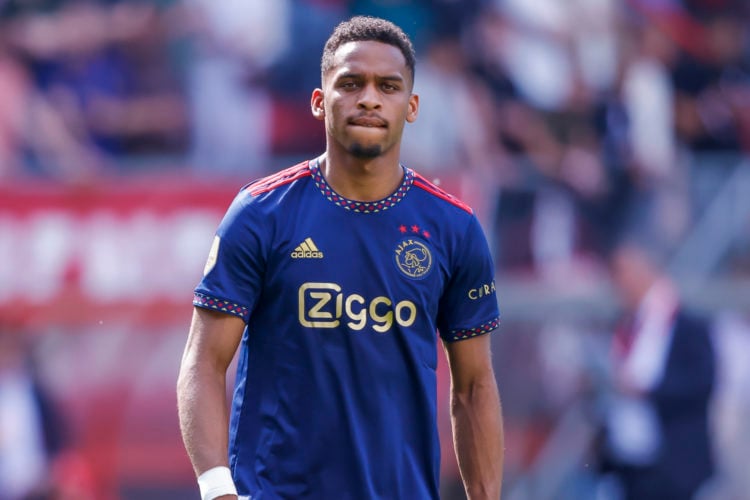 Jurrien Timber of AFC Ajax look dejected after the Dutch Eredivisie match between FC Twente and AFC Ajax at De Grolsch Veste Stadium on May 28, 202...