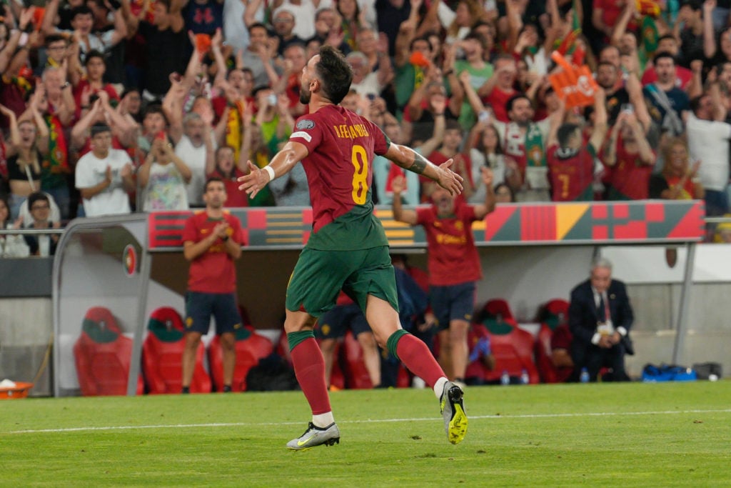 Bruno Fernandes from Portugal celebrates his second goal...