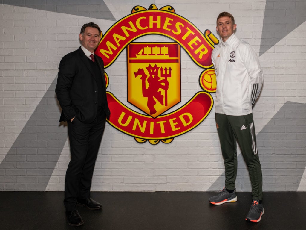 (EXCLUSIVE COVERAGE) John Murtough (L) and Darren Fletcher pose after being named Football Director and Technical Director of Manchester United at ...