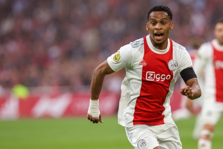 Jurrien Timber of Ajax during the Dutch Eredivisie match between Ajax and SC Heerenveen at Johan Cruijff Arena on May 11, 2022 in Amsterdam, Nether...