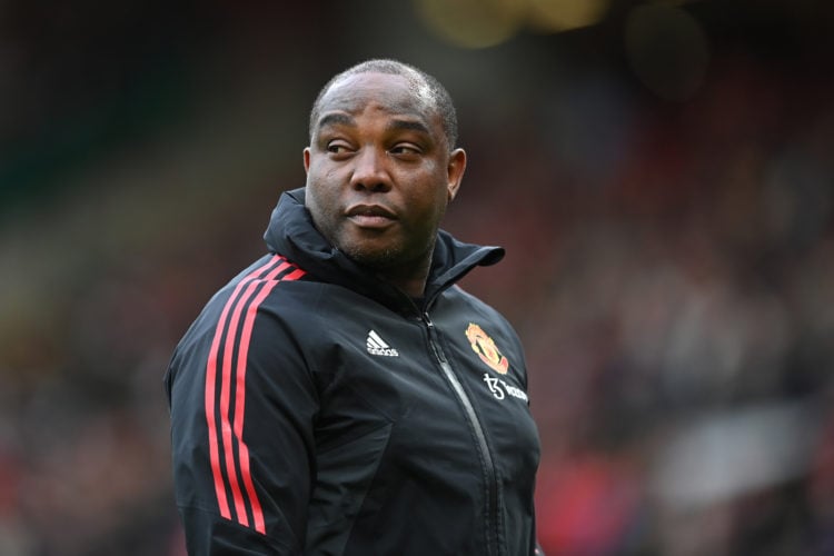 Assistant coach of Manchester United Benni McCarthy looks on before the Emirates FA Cup Quarter Final between Manchester United and Fulham at Old T...