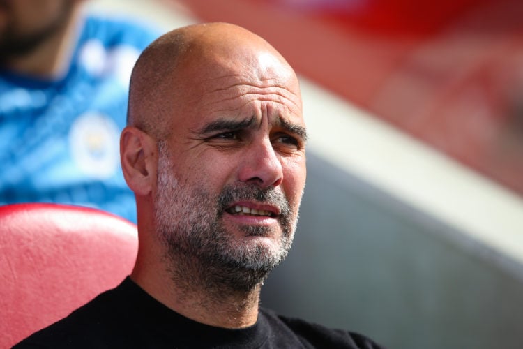 Manchester City manager Pep Guardiola looks on ahead of the Premier League match between Brentford FC and Manchester City at Gtech Community Stadiu...