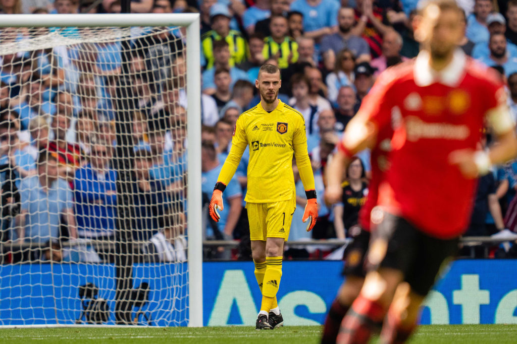 David De Gea of Manchester United looks on during the Emirates FA Cup Final match between Manchester City and Manchester United at Wembley Stadium ...