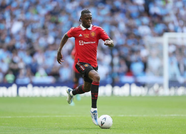 Aaron Wan-Bissaka of Manchester United runs with the ball during the Emirates FA Cup Final between Manchester City and Manchester United at Wembley...