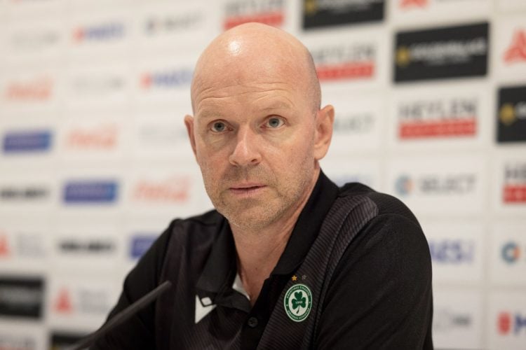 Omonia's head coach Henning Berg speaks during a press conference of Cyprus club Omonia Nicosia, in Antwerp, on August 25, 2021, on the eve of the ...