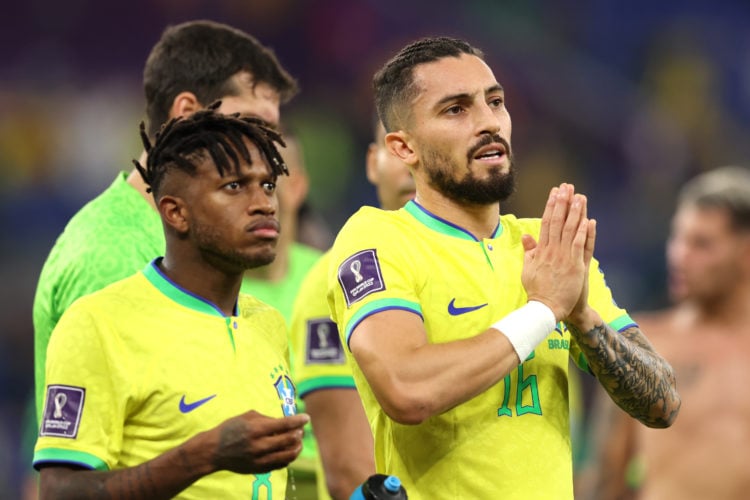 Fred (L) and Alex Telles of Brazil applaud fans after the 1-0 win during the FIFA World Cup Qatar 2022 Group G match between Brazil and Switzerland...