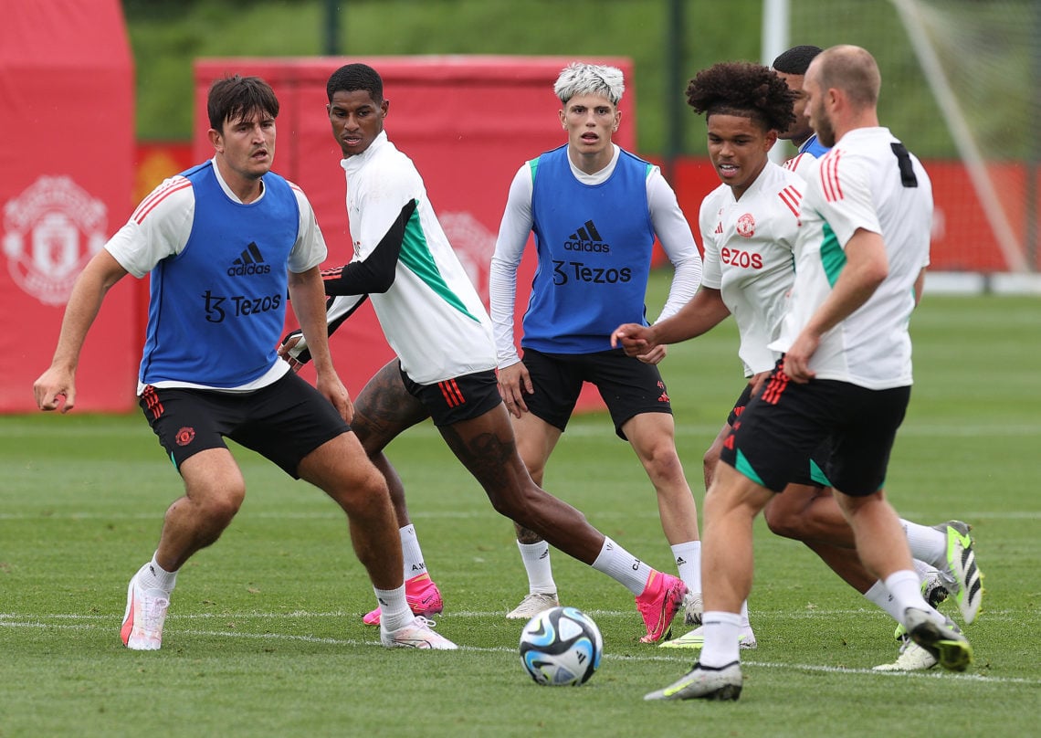 (EXCLUSIVE COVERAGE)  Harry Maguire, Alejandro Garnacho, Shola Shoretire of Manchester United arrives ahead of a pre-season training session at Car...