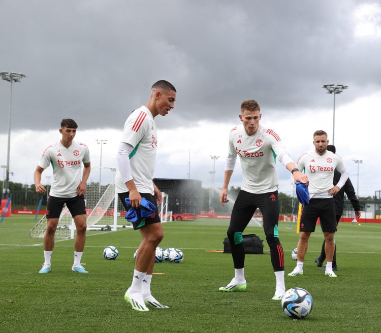 (EXCLUSIVE COVERAGE)  Mateo Mejia, Scott McTominay of Manchester United arrives ahead of a pre-season training session at Carrington Training Compl...