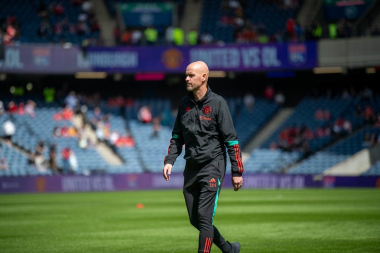 Manager Erik ten Hag of Manchester United warms up ahead of the pre-season friendly match between Manchester United and Olympique Lyonnais at BT Mu...