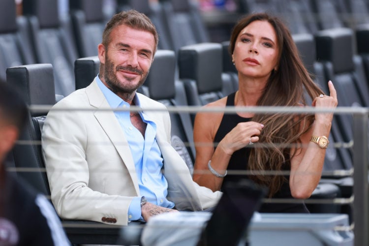 (L-R) Co-owner David Beckham of Inter Miami CF and wife Victoria Beckham react prior to the Leagues Cup 2023 match between Inter Miami CF and Atlan...