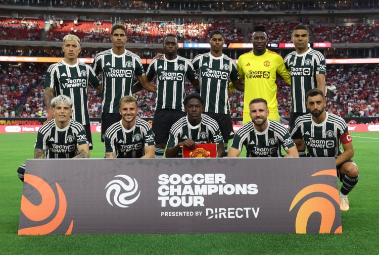 The Manchester United team lines up ahead of the pre-season friendly match between Manchester United and Real Madrid at NRG Stadium on July 26, 202...