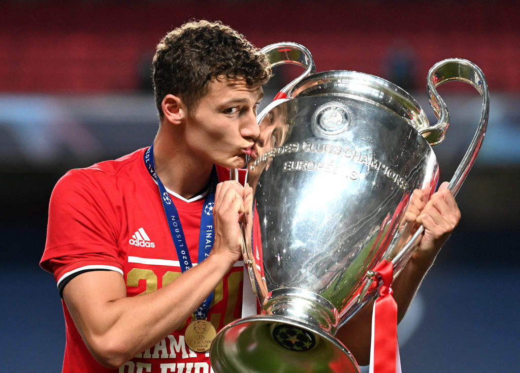 FC Bayern Munich's Benjamin Pavard kisses the UEFA Champions League trophy after his side's victory in the UEFA Champions League final...