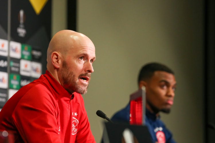 coach Erik Ten Hag of Ajax and Ryan Gravenberch of Ajax during the training session of Ajax prior to the UEFA Europa League Round Of 16 Leg Two aga...