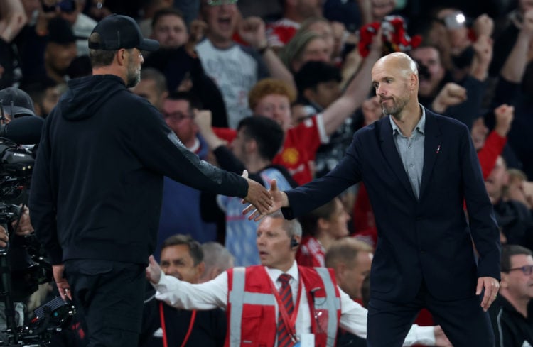 Erik ten Hag, Manager of Manchester United shakes hands with Juergen Klopp, Manager of Liverpool following the Premier League match between Manches...