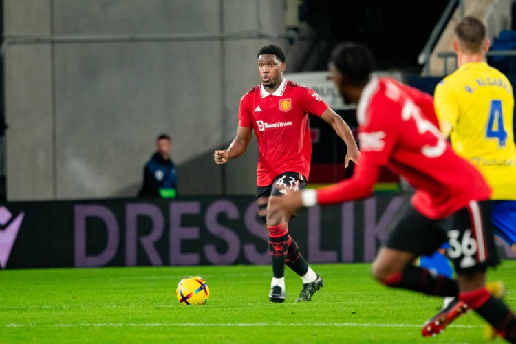 Teden Mengi of Manchester United in action during the friendly match between Cadiz CF and Manchester United at Nuevo Mirandilla on December 07, 202...