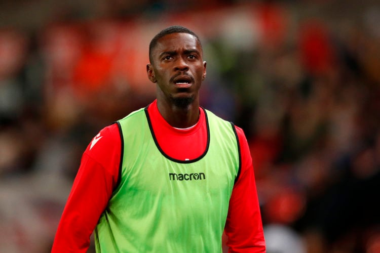 New signing Axel Tuanzebe of Stoke City looks on during the Sky Bet Championship between Stoke City and Huddersfield Town at Bet365 Stadium on Febr...