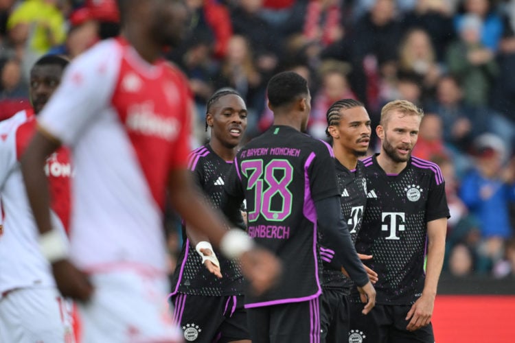 Leroy Sane of FC Bayern München celebrates with team mates Mathys Henri Tel, Ryan Gravenberch and Konrad Laimer after scoring his team's fourth goa...