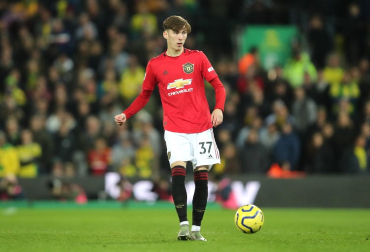 James Garner of Manchester United in action during the Premier League match between Norwich City and Manchester United at Carrow Road on October 27...