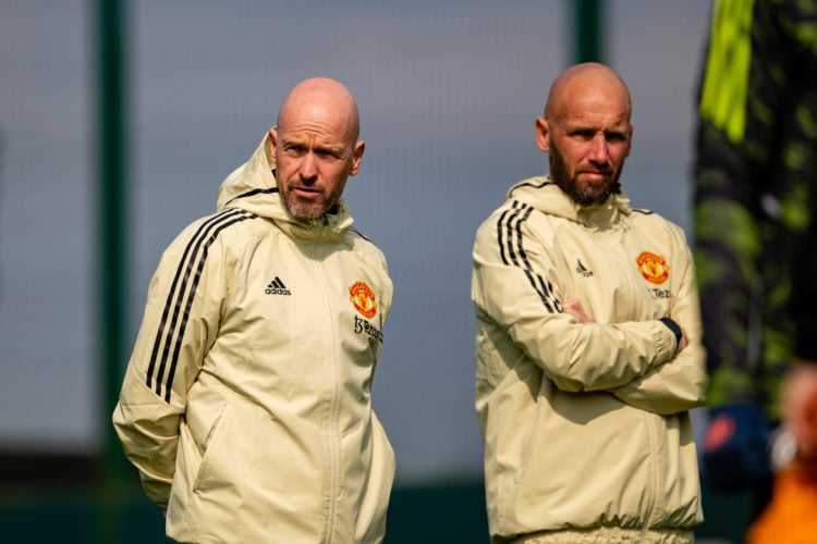 Coach Mitchell van der Gaag looks on with Manchester United Head Coach / Manager Erik ten Hag during a first team training session at Carrington Tr...