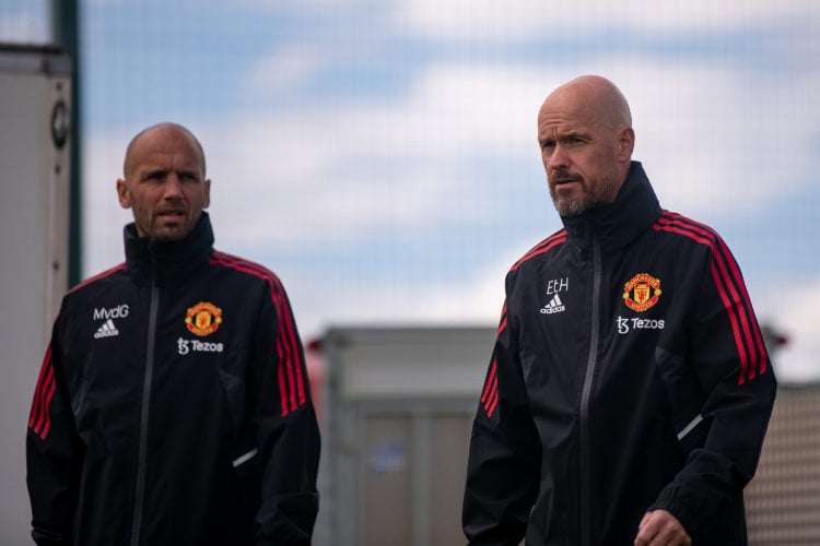 (EXCLUSIVE COVERAGE) Coach Mitchell van der Gaag and Manager Erik ten Hag of Manchester United in action during a first team training session at Ca...