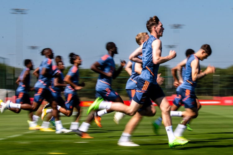 (EXCLUSIVE COVERAGE) James Garner of Manchester United in action during a first team training session at Carrington Training Ground on August 10, 2...