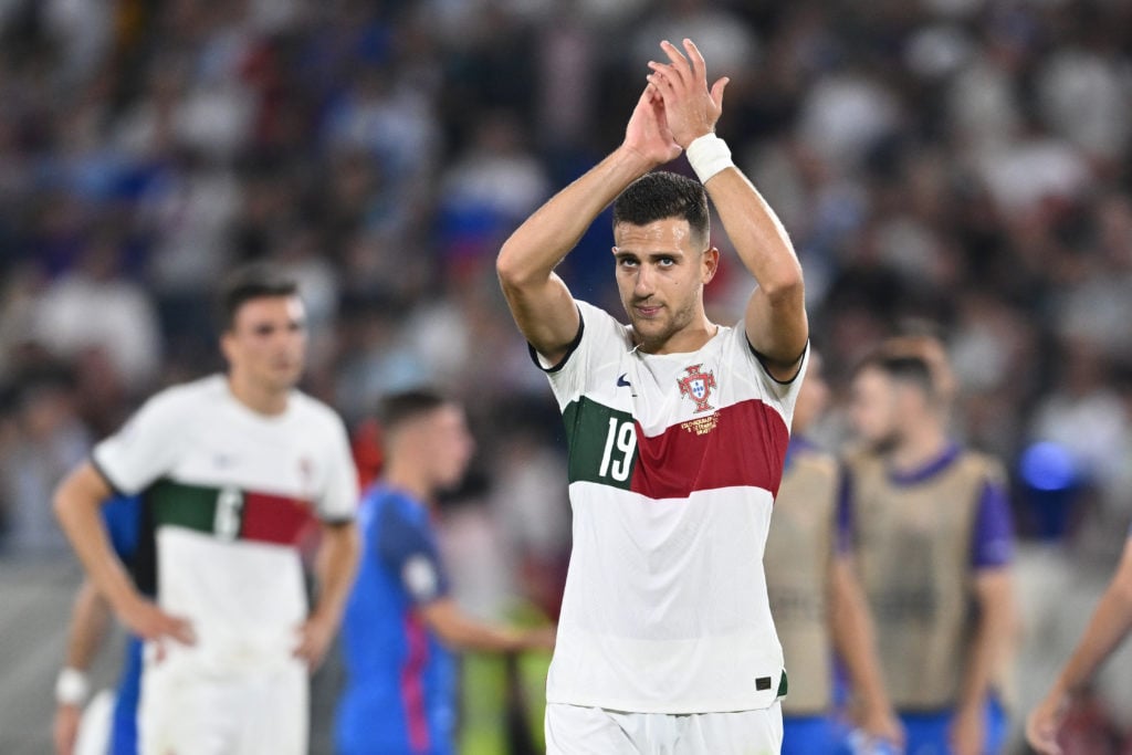 Diogo Dalot of Portugal applauds the fans during the UEFA EURO 2024 European qualifier match between Slovakia and Portugal at Tehelne pole on Septe...