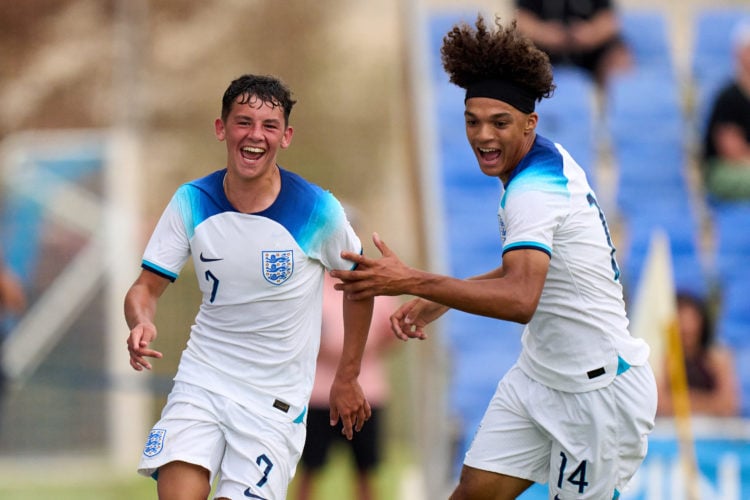 Shea Lacey of England celebrates after scoring the team's fourth goal during the International Friendly match between England U17 and Spain U17 at ...