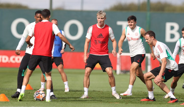 (EXCLUSIVE COVERAGE) Rasmus Hojlund of Manchester United in action during a first team training session at Carrington Training Ground on September ...