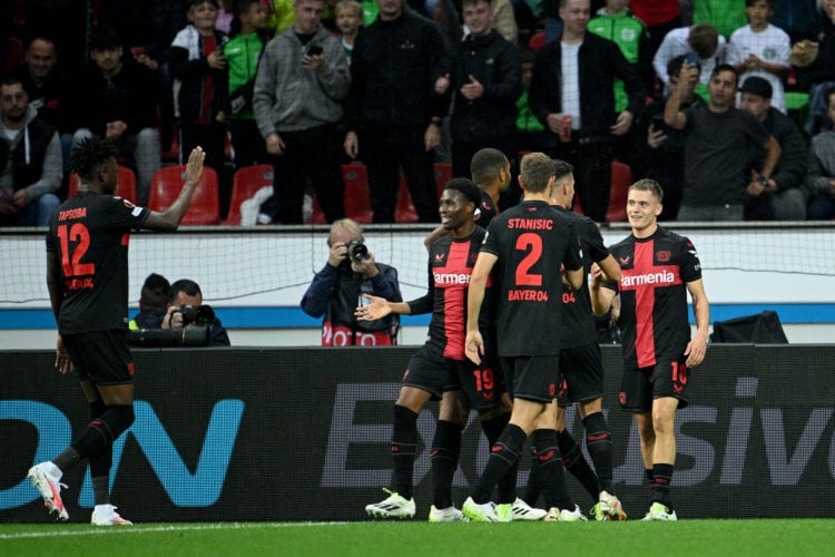 Florian Wirtz of Bayer Leverkusen celebrates with teammates after scoring the team's first goal during the UEFA Europa League 2023/24 group stage m...