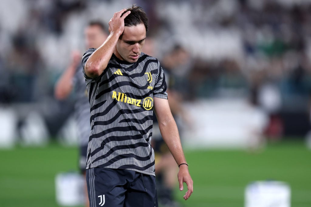 Federico Chiesa of Juventus Fc during warm up before the...