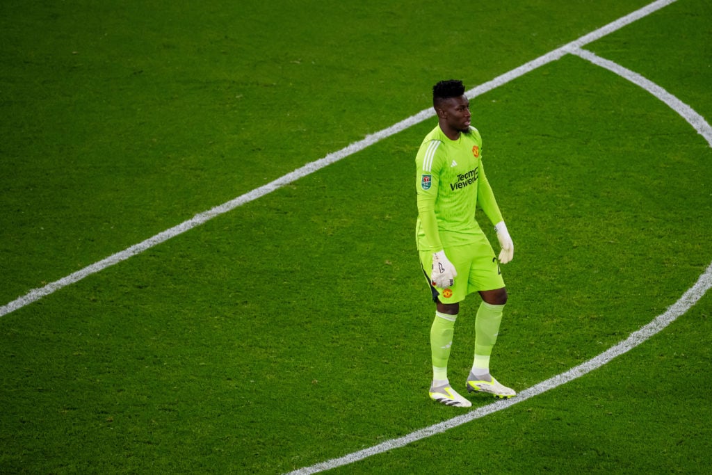 Andre Onana of Manchester United in action during the Carabao Cup Third Round match between Manchester United and Crystal Palace at Old Trafford on...