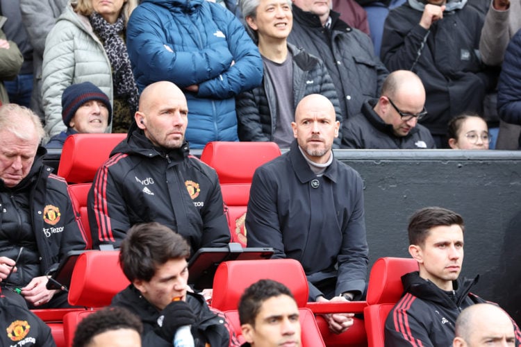 Manchester United Manager Erik ten Hag and Manchester United Assistant manager Mitchell van der Gaag during the Premier League match between Manche...