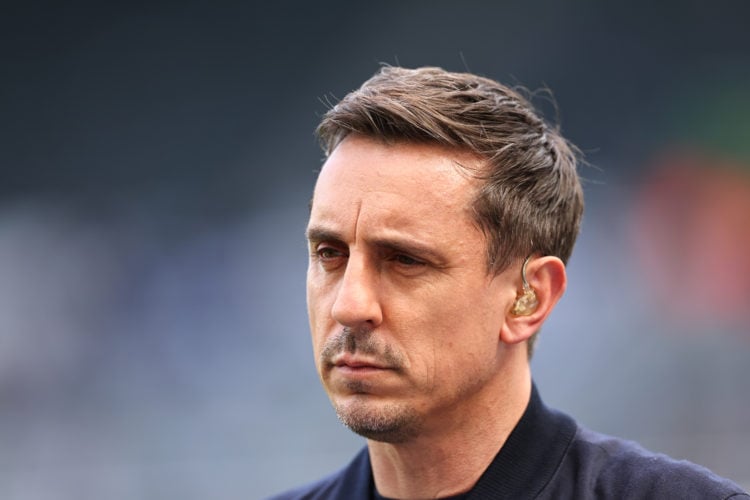 Gary Neville working as a TV pundit for Sky Sports ahead of the Premier League match between Newcastle United and Arsenal FC at St. James Park on M...