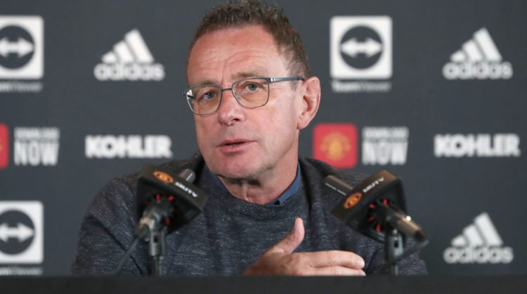 (EXCLUSIVE COVERAGE) Interim Manager Ralf Rangnick of Manchester United speaks during a press conference at Carrington Training Ground on April 15,...