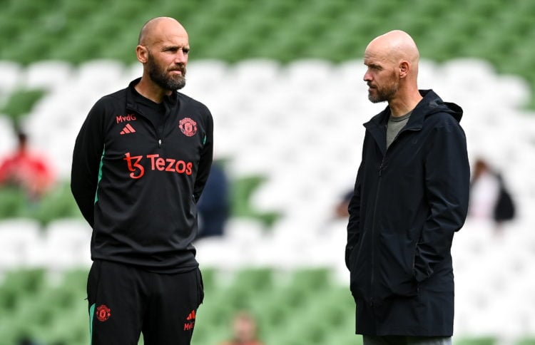 Dublin , Ireland - 6 August 2023; Manchester United manager Erik ten Hag, right, and assistant manager Mitchell van der Gaag before the pre-season ...