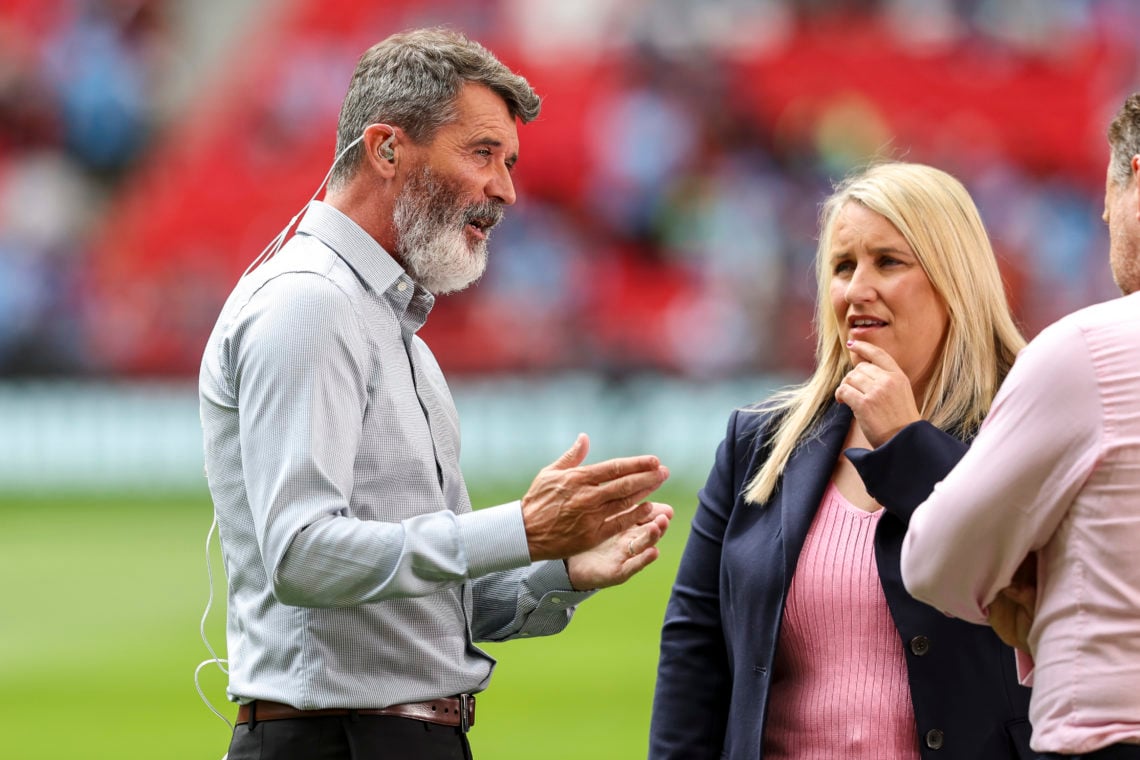 Ex-Manchester United skipper Roy Keane with Head Coach of Chelsea Women Emma Hayes before The FA Community Shield match between Manchester City and...