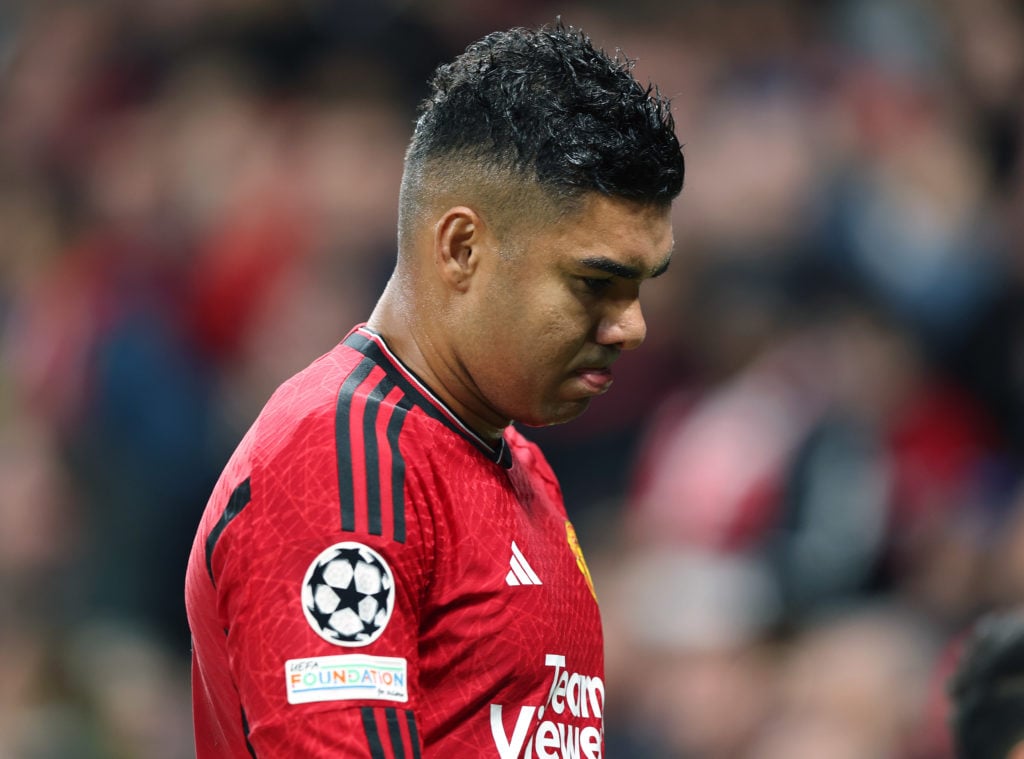 Manchester United's Casemiro leaves the pitch after being sent off following his second yellow card during the UEFA Champions League Group A match ...