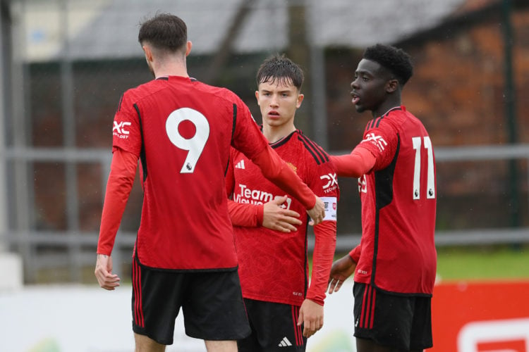 Dan Gore of Manchester United celebrates his goal to make it 2-3 at Leyland County Ground on September 30, 2023 in Leyland, England.